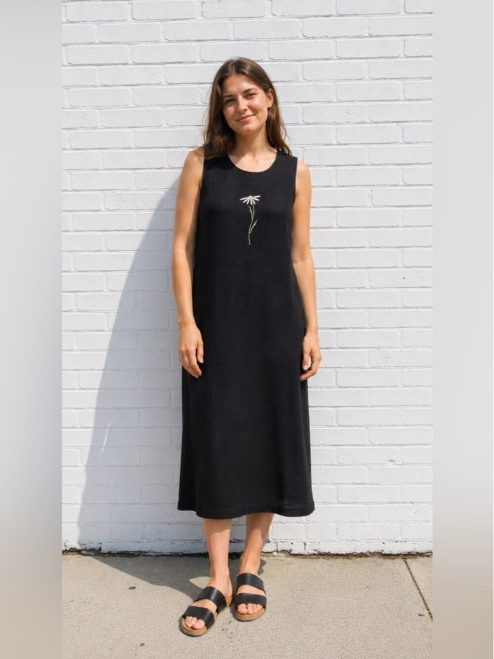 Vintage 90s Denim Linen Dress Maxi Peasant Prairie Daisy Cottagecore Black